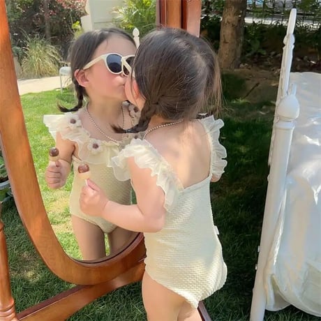 kids マーガレット刺繍フロントフリルレースswim wear(3045)