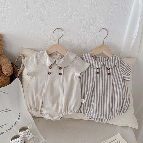 linen / stripeシンプルボタンロンパース(4144)
