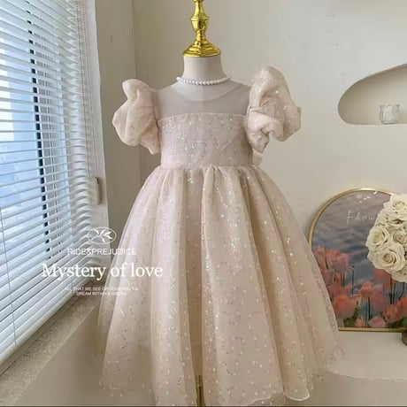 kids pink/champagne スパンコールパフスリーブドレス(638)