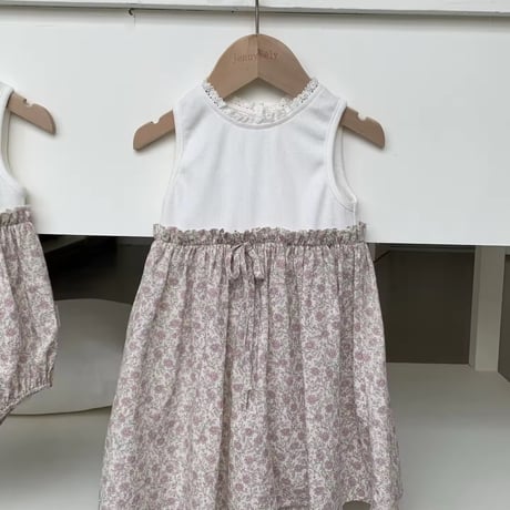 姉妹お揃いノースリーブリブ切替フラワーロンパースorワンピース(1556)