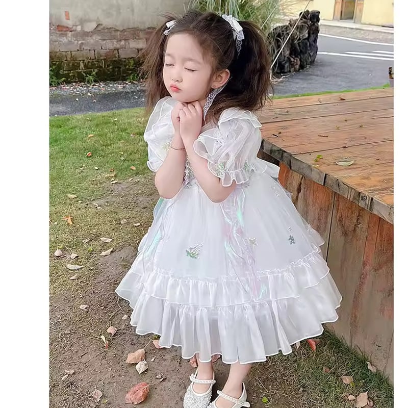 simone rocha× kidsキッズフリル付き白ドレスワンピース 150-160