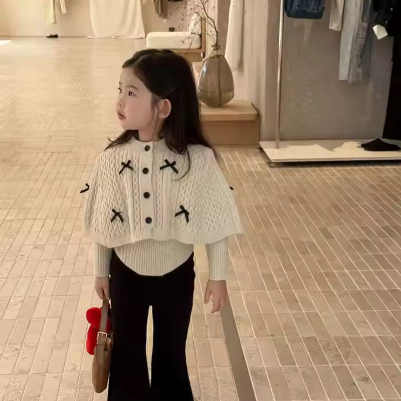 リボンカーディガン^_^様 kids ケーブルニットブラックリボンポンチョカーディガン(1661