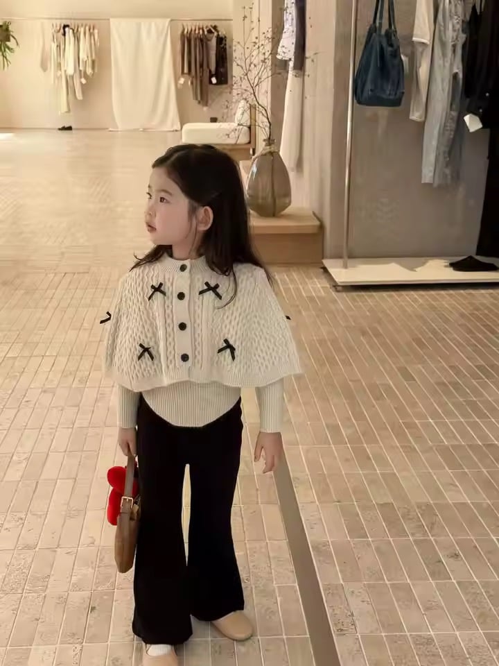 kids ケーブルニットブラックリボンポンチョカーディガン(1661