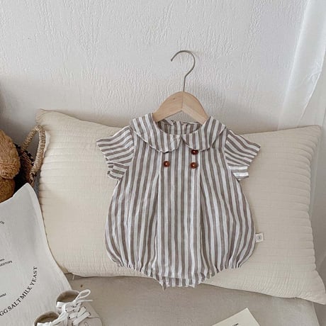 linen / stripeシンプルボタンロンパース(4144)