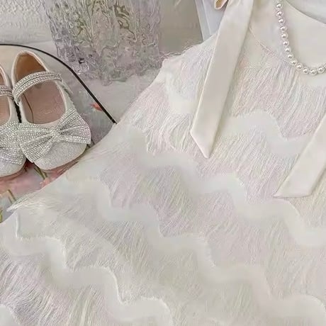 kids フリンジショルダーリボンAラインワンピース(861)