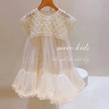 kids スクエアネックビジュー×スパンコールドレス(370)