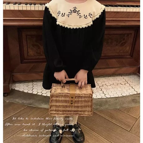 kids 刺繍襟ぽわん袖Aラインワンピース(2385)
