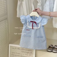 ブルーギンガムチェックレッドリボンワンピース(1155)