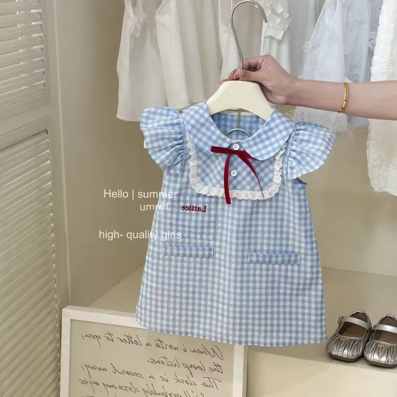ブルーギンガムチェックレッドリボンワンピース(1155) | こどもふく