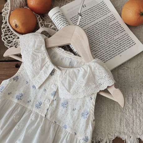 ブルーフラワーlace collar 切替ロンパース(4113)