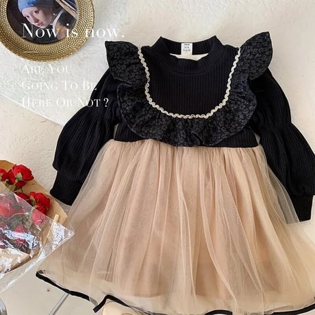 kids black × beigeバイカラーwinterドレス(3351)