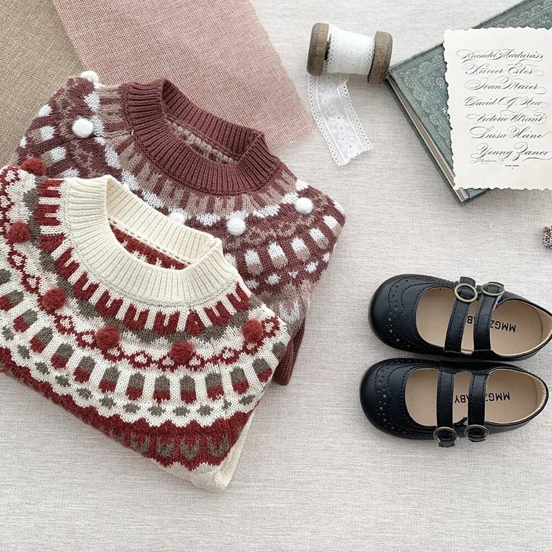 3点 ブラウス ニット サンダル Xmasノルディスク柄セーター×ニットブルマ(3331) | こどもふく🧸mocokids