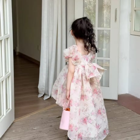 kids アシンメトリーピンクフローラルシフォンドレス(1544)