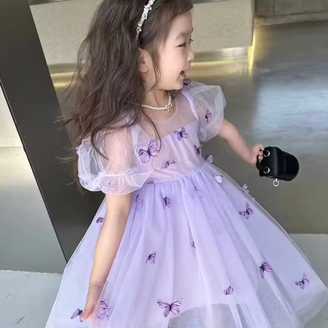 kids purple/green バタフライパフスリーブチュールドレス(838)