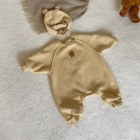 ぽんぽんくま耳ボンネットくまワッペンロンパース(2338)