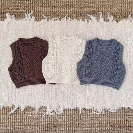 brown/ivory/blue ケーブルニットベスト(1418)