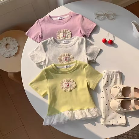 kids チェリーワッペンコットンレースペプラムトップス(2282)