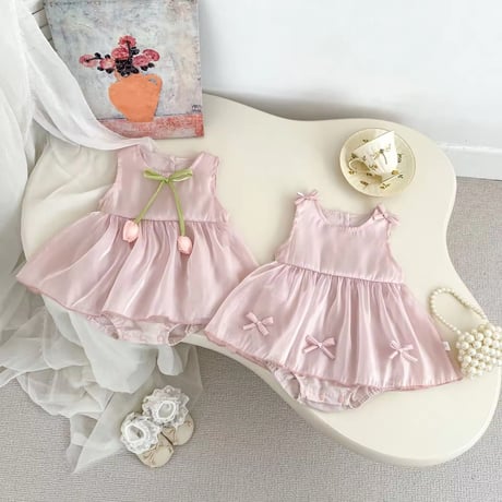tulip/ribbon サテンピンクチュールスカートロンパース(1239)