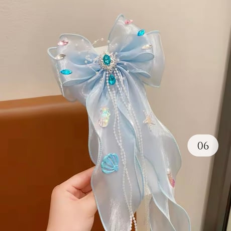 6color キラキラパーツリボンチュールヘアクリップ(930)