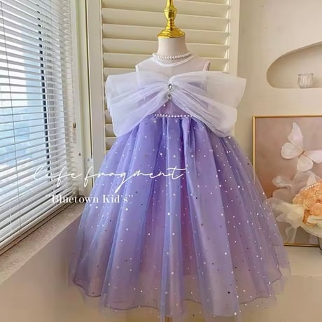 kids blue/purple オフショルチュールキラキラドレス(641)