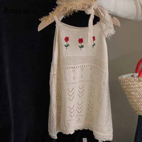サマーニットフラワー刺繍キャミワンピース(3143)