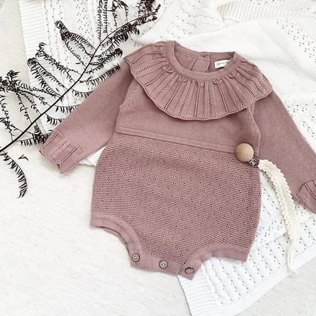 frill collar アイレット切り替えニットロンパース(3389)