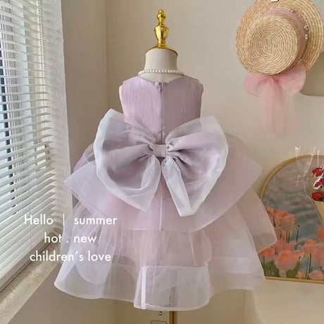 kids ピンクパープルバックリボンダブルチュールドレス(1284)