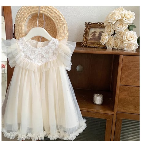kids ivory/pink フロントフリルローズガーリーラメチュールドレス(4126)