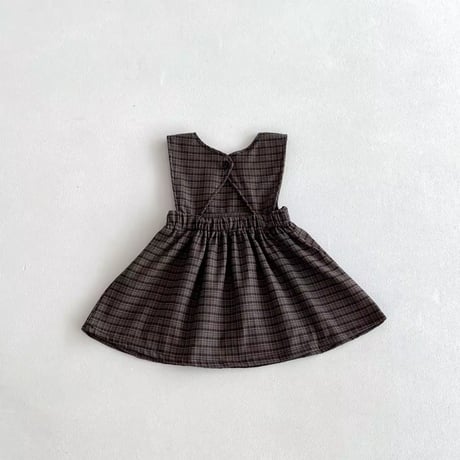 姉妹お揃いダークチェックバクシャンロンパースorワンピース×フリル襟ブラウス(806)