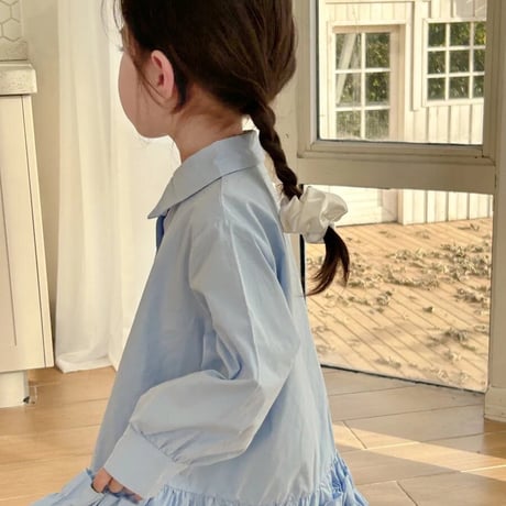 kids white / sky blueギャザーフリルシャツワンピース(3998)