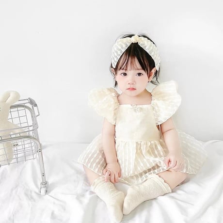 姉妹お揃いヘアバンド付きストライプレースアプリコットロンパースorワンピース(2386)