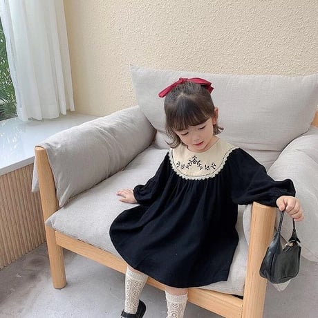 kids 刺繍襟ぽわん袖Aラインワンピース(2385)