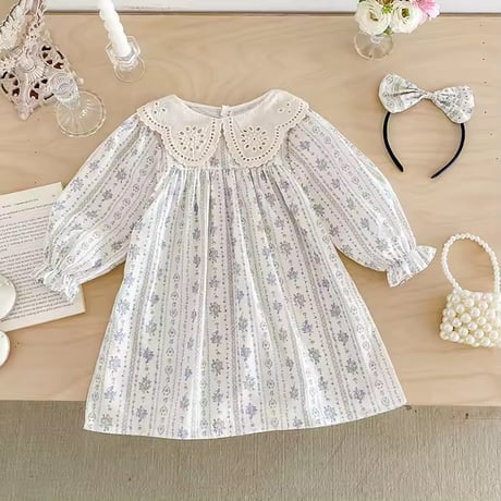 姉妹お揃いコットンレースcollarパールブルーフラワーロンパースorワンピース(962)