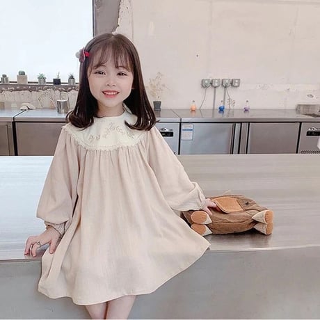 kids 刺繍襟ぽわん袖Aラインワンピース(2385)