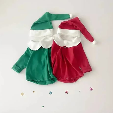 Xmas red/green サンタ帽子付き裏起毛ロンパースorタイツ(3342)