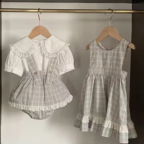 姉妹お揃いペールチェックノースリーブワンピースorスカートブルマサロペット(1395)