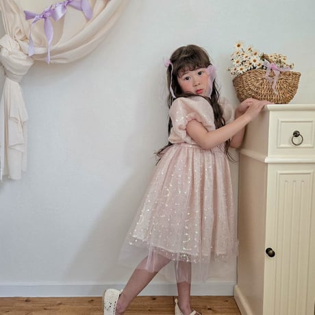kids pink/champagne スパンコールパフスリーブドレス(638)