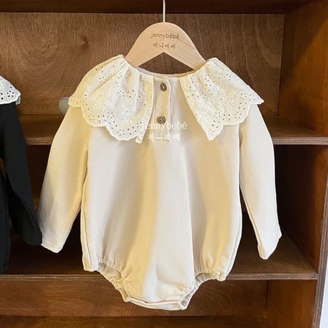 jennybebe コットンレースcollarバイカラーロンパース(2685)