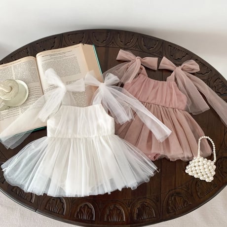 2color shoulder back ribbonチュールロンパースドレス(3354)