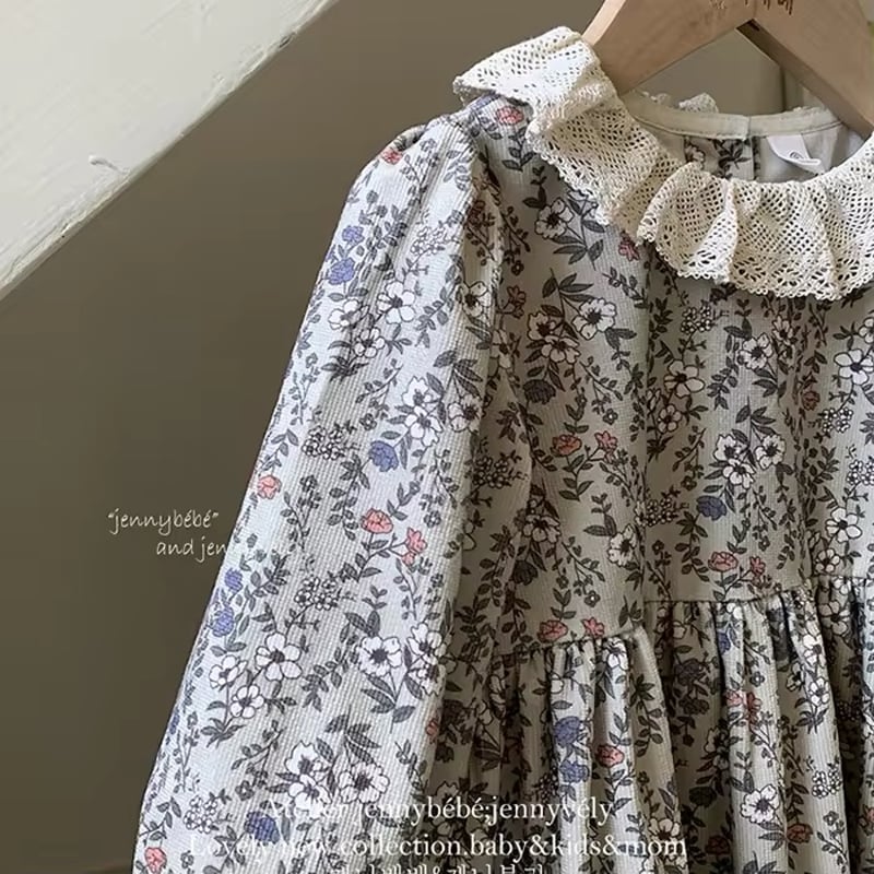 jennybebe姉妹お揃いAutumn花柄コーデュロイレース襟ロンパースor