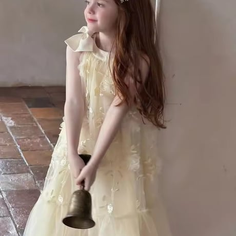 kids リボンワンショルダーUネック3DフラワーAラインロングドレス(1387)