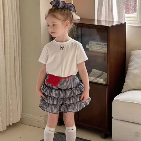 kids red/navy プチリボンTシャツ×チェックフリルキュロット(1278)