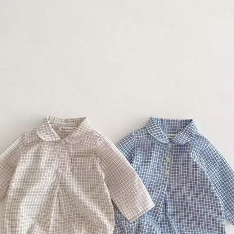 beige/blue ガンクラブチェックシャツロンパース(2135)