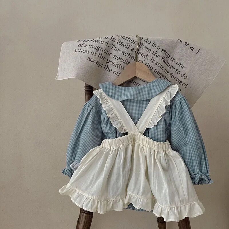 blue checkロンパース×frillエプロンワンピース(3193) | こども