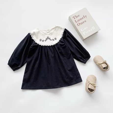 kids 刺繍襟ぽわん袖Aラインワンピース(2385)