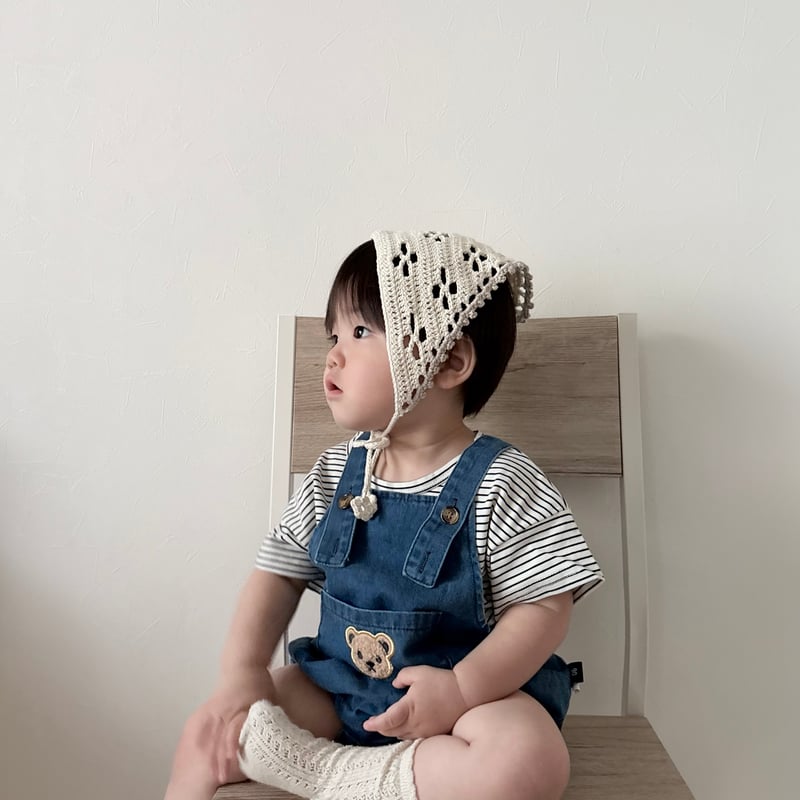 くまワッペンポッケデニムサロペット×ボーダーtコーデ(2073) | こども