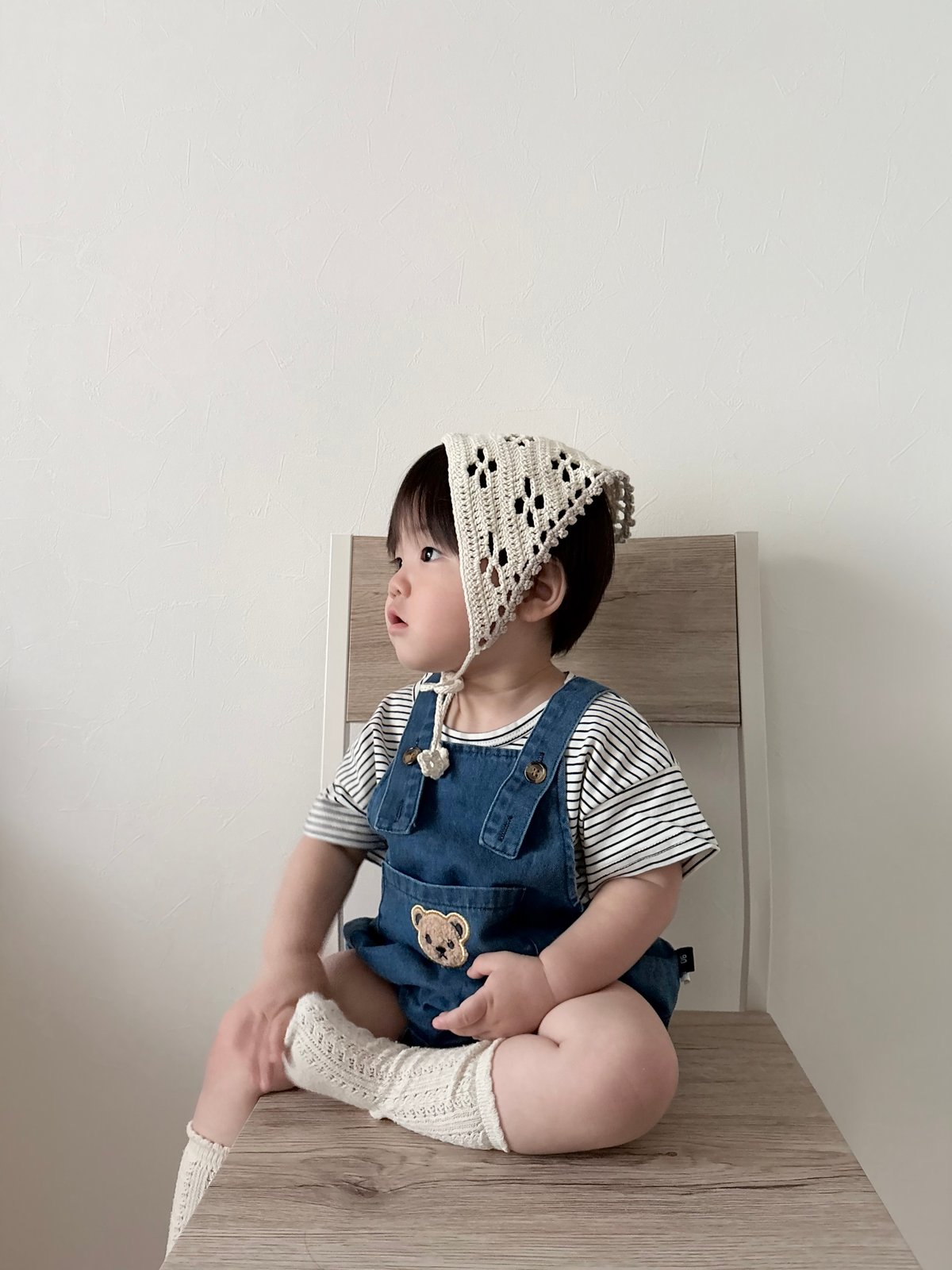 くまワッペンポッケデニムサロペット×ボーダーtコーデ(2073) | こども