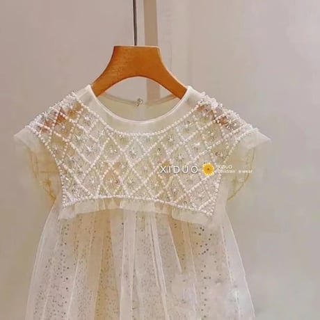 kids スクエアネックビジュー×スパンコールドレス(370)