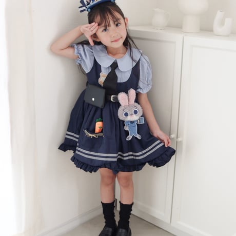 kids  半袖/長袖ネイビーラビットなりきりワンピース(2155)