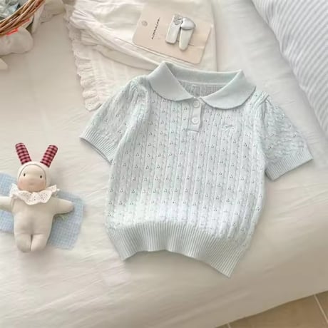 kids 3colorアイレットラウンドネック半袖サマーニットブラウス(1655)
